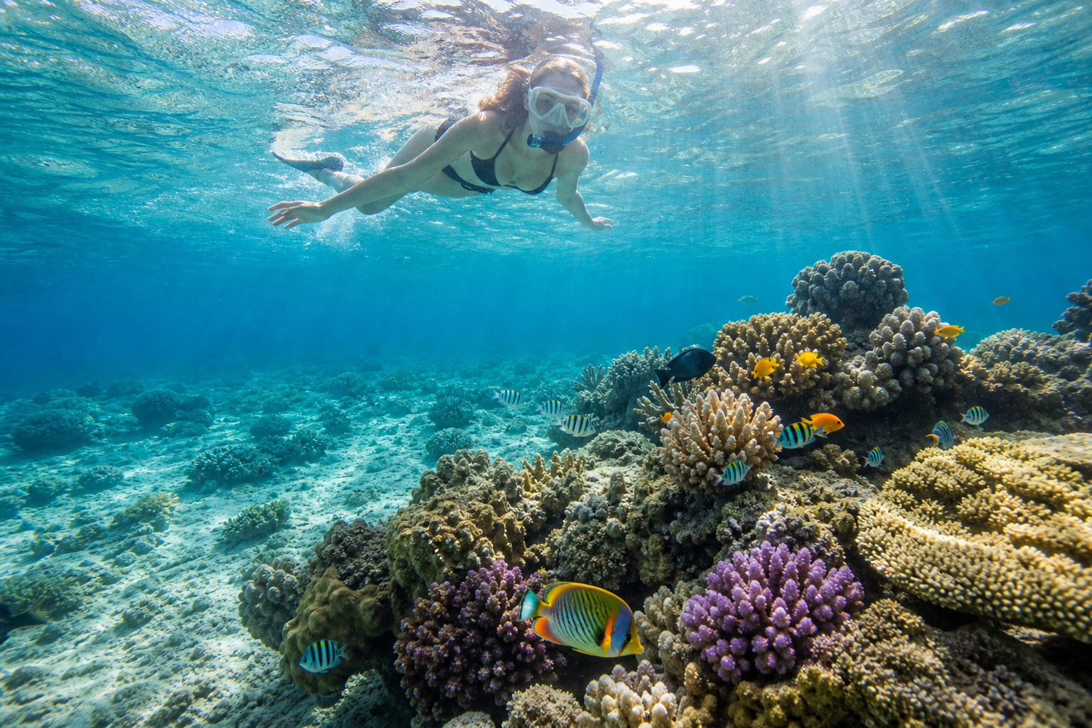 Snorkeler above colorful Fiji coral reef