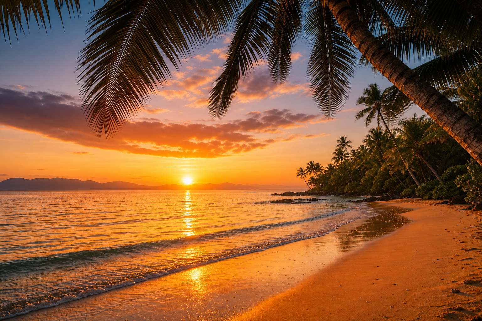 Golden Fiji beach sunset with palm trees