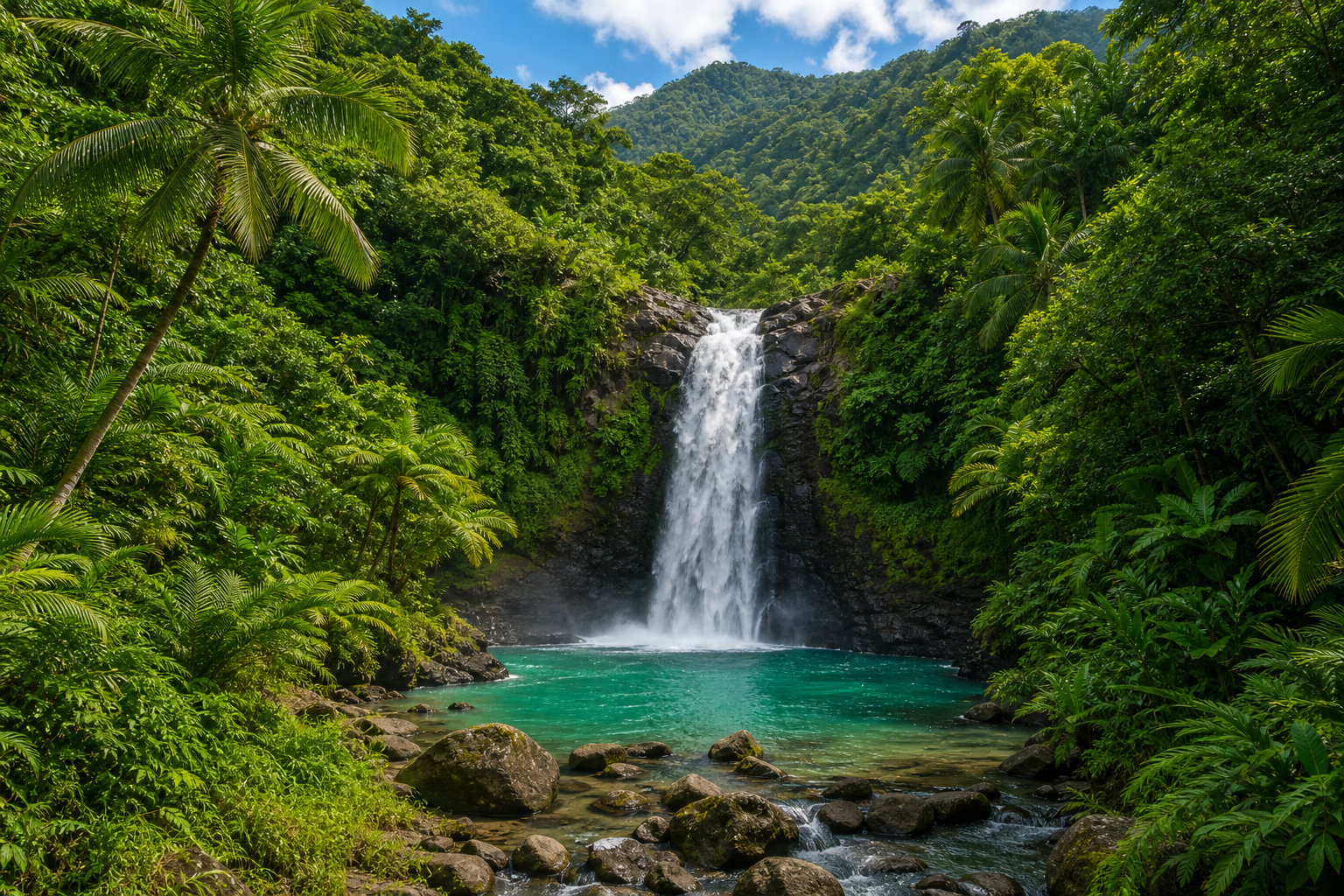 Tropical Fiji waterfall surrounded by rainforest