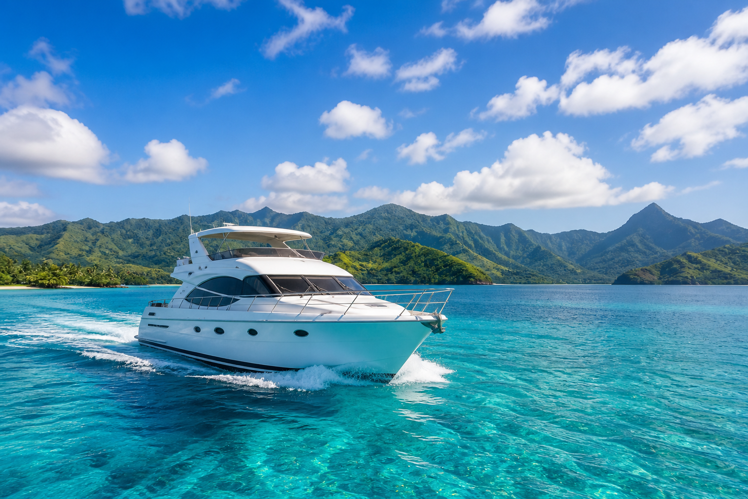 White yacht cruising through clear Fiji lagoon water